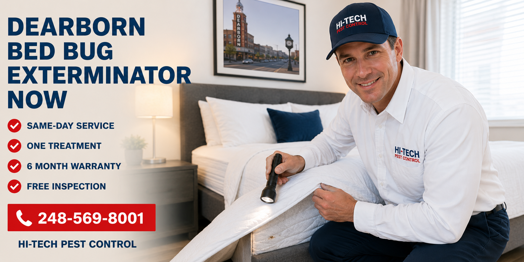 Hi-Tech Pest Control technician performing a professional bed bug inspection in a Dearborn, Michigan bedroom with same-day bed bug extermination, one-treatment service, free inspection, 6-month warranty, and phone number 248-569-8001.