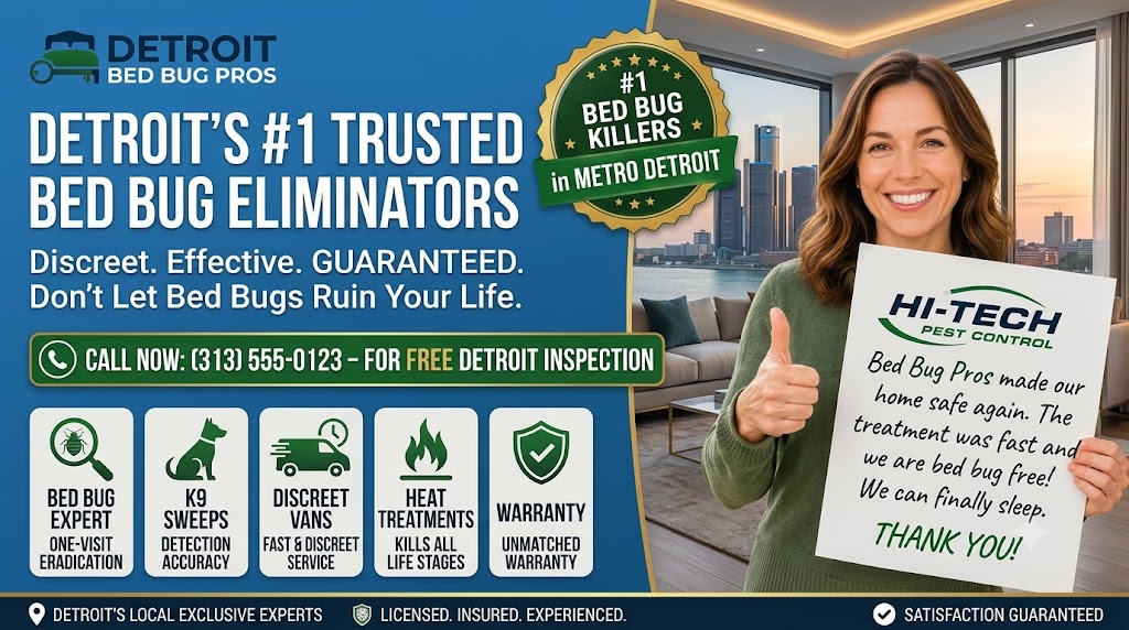 High-converting web banner for "Detroit Bed Bug Pros" featuring the headline "Detroit's #1 Trusted Bed Bug Eliminators." On the left, a blue background displays core selling points: "Discreet. Effective. GUARANTEED.", a green call-to-action button reading "CALL NOW: (313) 555-0123 - FOR FREE DETROIT INSPECTION," and five icons highlighting service features like K9 Sweeps, Discreet Vans, and Heat Treatments. A gold seal reads "#1 Bed Bug Killers in Metro Detroit." On the right, a smiling woman gives a thumbs-up next to a modern high-rise window overlooking the Detroit city skyline, while holding a sign that praises the service and includes the "Hi-Tech Pest Control" logo.