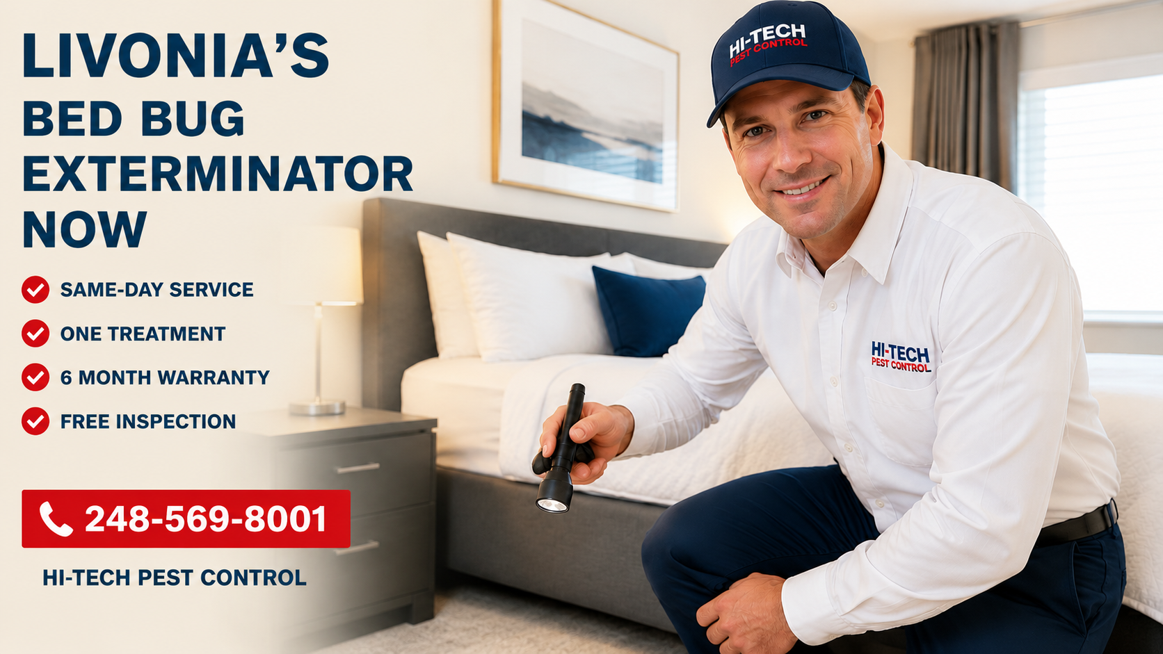 Hi-Tech Pest Control technician performing a professional bed bug inspection in a Livonia, Michigan bedroom with same-day bed bug extermination service available.