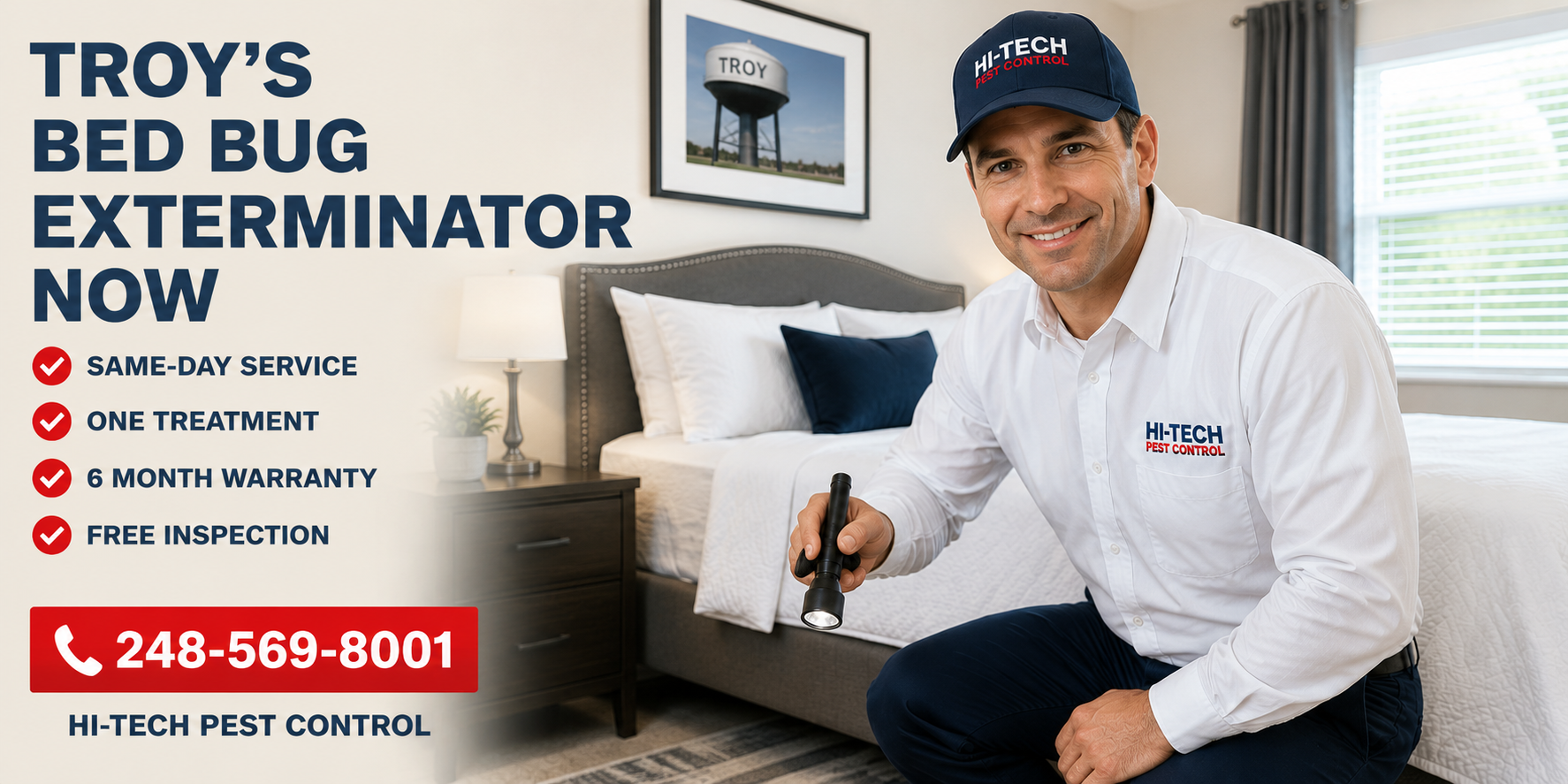 Friendly Hi-Tech Pest Control technician inspecting a bedroom for bed bugs in Troy, Michigan, offering same-day bed bug extermination, one-treatment solutions whenever possible, and a 6-month warranty.