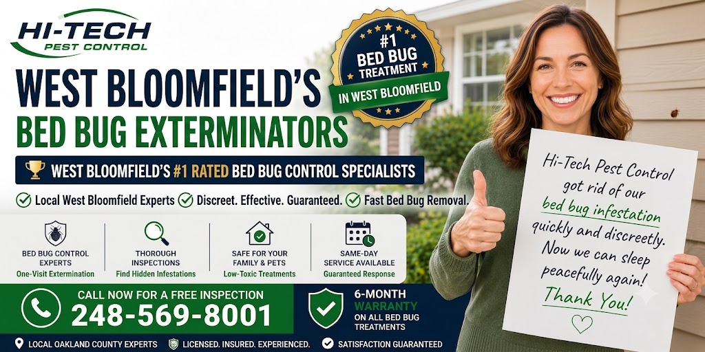 Hi-Tech Pest Control technician inspecting a bedroom for bed bugs in West Bloomfield, Michigan during a professional bed bug extermination service.